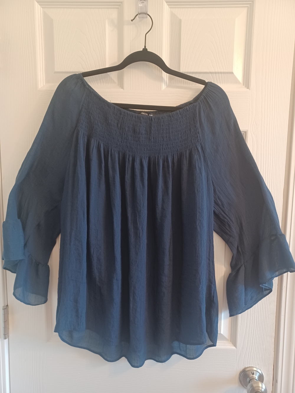 Bell Sleeved Navy Smocked Peasant Top Lightweight Flowy Feminine Vacation 2x